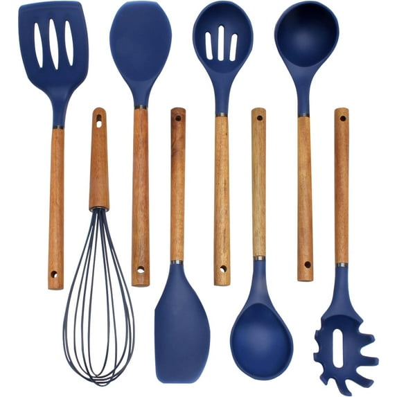 Country Kitchen Non Stick Silicone Utensil Set with Rounded Wood ...