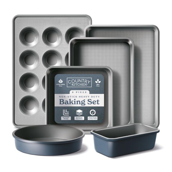 Country Kitchen Nonstick Stackable Bakeware Set - Durable, Easy Release Baking Set, Navy, 6 Pcs