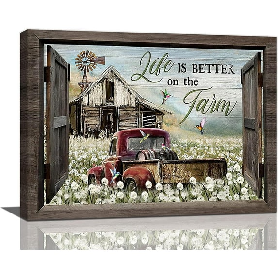 Country Kitchen Pictures Wall Decor Truck Wall Art Rustic Canvas Print Painting Artwork Framed Artwork For Bathroom Kitchen 16"x12"