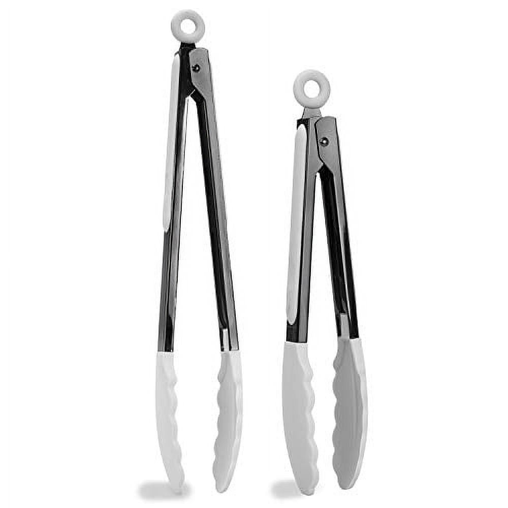 Country Kitchen Stainless Steel Silicone Tipped Kitchen Food BBQ and Cooking  Tongs Set of Two 10 and 13 for Non Stick Cookware, BPA Fee, Stylish,  Sturdy, Locking, Grill Tongs, Gunmetal and White 