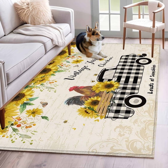 Country Kitchen Sunflowers Area Rug 4x6 Washable Rug Non Slip Rustic Truck Vintage Farmhouse Large Area Rug Indoor Floor Carpet for Entryway Bedroom Kitchen Living Room Home Office Dining Room