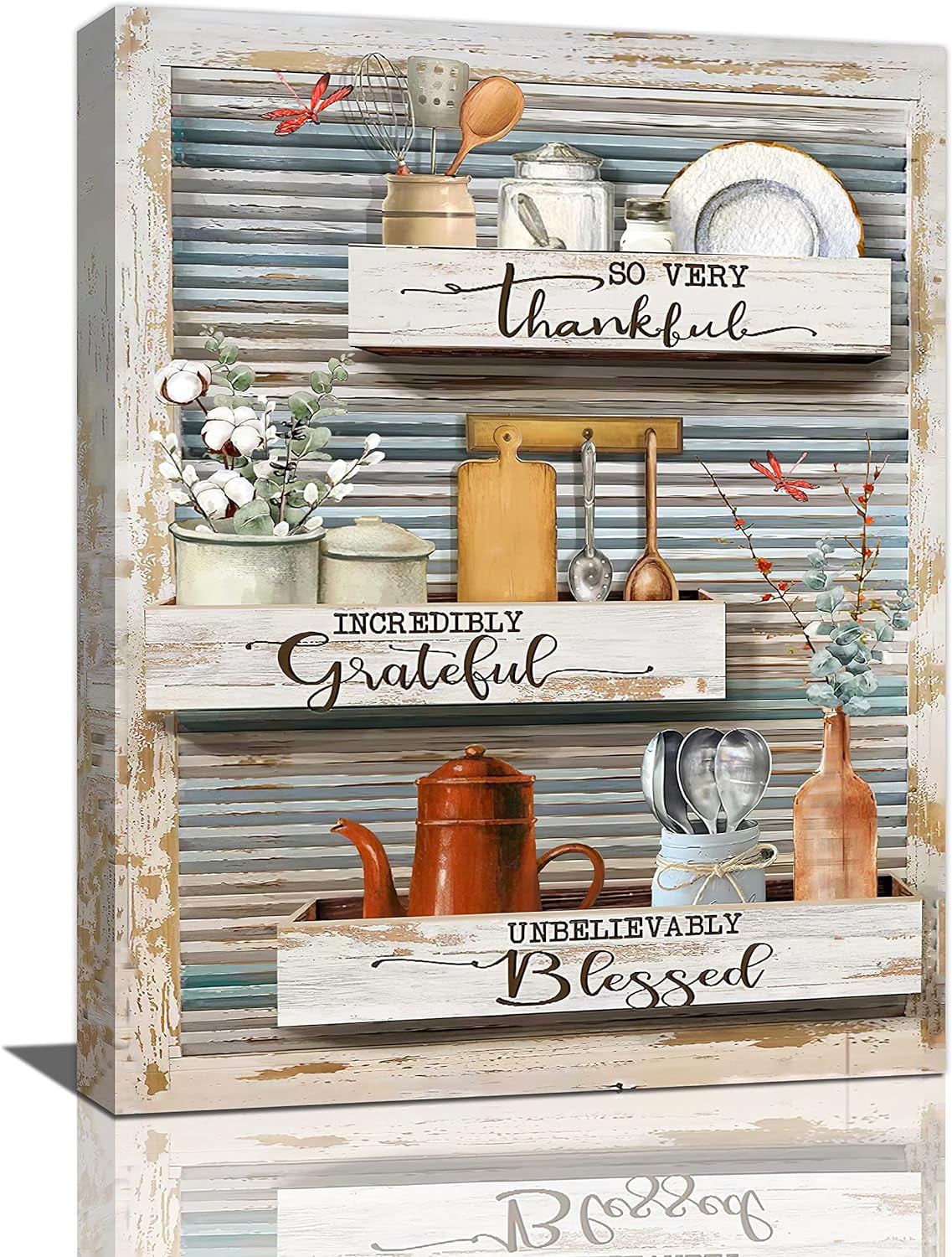 Country Kitchen Wall Art Farmhouse Dishes Kettle Canvas Prints Painting Rustic Blessed Kitchen Pictures Framed Artwork Home Decor for Canteen Restaurant Dining Living Room 12"x16"