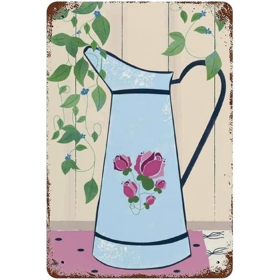 Country Kitchen Wall Decor Vintage Style Plaque Poster French Kitchen Art Flower Vase Decor Retro Digital Print Aluminum Retro Metal Sign Blue Enamel Pitcher Roses 8x5.5 Inch