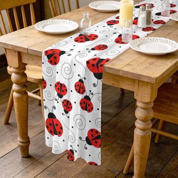 Country Ladybug 4.5ft Cheesecloth Table Runner for Dining 19"x55", Farmhouse Classic Retro Texture Kitchen Dinner Sheer Tulle Chiffon Dresser Scarf, Holiday Party Decorations