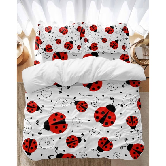Country Ladybug Bedding Duvet Cover Set Queen Size 4 Pieces Farmhouse Classic Retro Texture Bedding Set with Zipper Closure, 1 Comforter Cover 90x92 Inches 1 Flat Sheet & 2 Pillow Cases