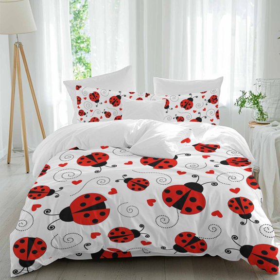 Country Ladybug Queen Size Comforter Set, Love Farmhouse Classic Retro Texture Bedding for All Seasons, 4 Pcs Bed Set, 1Quiltcover (90"x92") ,1Sheet(94"x116"), 2Pillowcases (30"x20")