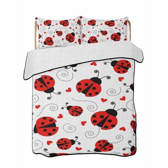 Country Ladybug Quilts Bedding Set Queen Size Love Farmhouse Classic Retro Texture Lightweight Quilted Bedspread 3 Piece Bed Quilt with 2 Pillow Shams All Season for Bedroom 78" x 90"