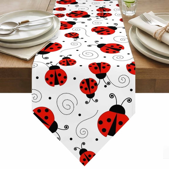 Country Ladybug Table Runner 36 Inches Long Farmhouse Classic Retro Texture Table Runners for Dining Room Tabletop Dresser Scarf Home Party Banquet Wedding Holiday Decoration