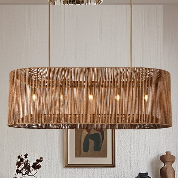 Country Large Brown Hand-weaved 42.5 Inch Chandelier, Hand-polished Ceiling Mounted Light, Unique Elegant Ceiling Light, Ceiling Lamp over Kitchen Island, for Living room, Dining Room