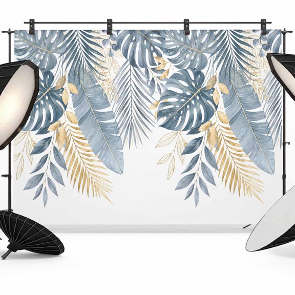 Country Leaf Backdrops for Photography, Rustic Botanical Gold Green Palm Monstera Leaves Fabric Photo Background Sturdy Studio Props for Photo Studio, Video Recording, Booth & Photoshoot 7x5ft