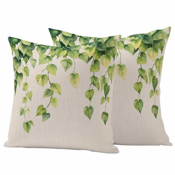 Country Leaf Pillow Covers 2 Pack Watercolor Green Eucalyptus Leaves Linen Texture Pillowcase Waterproof Outdoor Throw Pillow Cover for Patio Garden Square Cushion 24”x24”