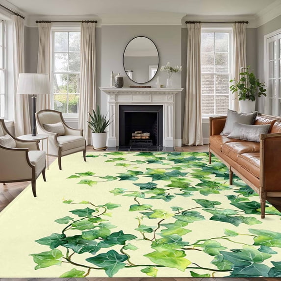 Country Leaves Area Rugs 5'x7', Washable Small Throw Rugs for Laundry Room Playroom, Green Leaf Branches Vine Botanical Rustic Indoor Outdoor Rug Non-Slip Low Pile Carpet Runner Reversible Floor Mats