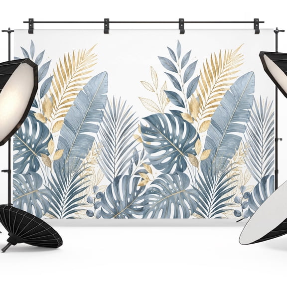 Country Leaves Backdrops for Photography, Rustic Botanical Gold Green Palm Monstera Leaf Fabric Photo Background Sturdy Studio Props for Photo Studio, Video Recording, Booth & Photoshoot 7x5ft