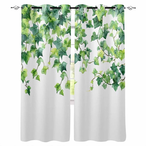 Country Leaves Blackout Curtains for Bedroom/Living Room, Thermal Insulated Kitchen Curtains, Watercolor Green Leaf Branches Vine Botanical Grommet Darkening Window Treatment Drapes 52"x72"x2
