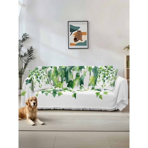Country Leaves Couch Cover, Watercolor Green Leaf Branches Vine Botanical Oversized Sofa Cover Blanket for 3 Cushion Couch, Sectional Sofa Slipcover Protector for Living Room Bedroom 71''x150''