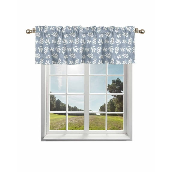 Country Leaves Curtain Valance for Windows/Living Room/Kitchen/Bathroom/Café, Short Rod Pocket Tier Curtain Window Treatment Panel Blue Spring Pastoral Botanical Leaf Topper Curtain 42''x18''