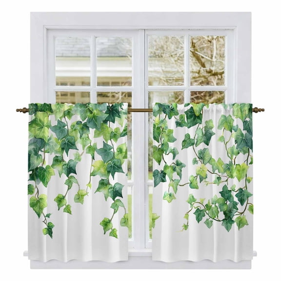 Country Leaves Kitchen Curtains 54 Inch Length, Watercolor Green Leaf Branches Vine Botanical Tiers Curtains for Bathroom Bedroom Cafe, Light Filtering Window Treatment Drapes 2 Panels 42"Wx54"L