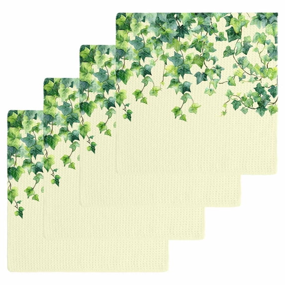 Country Leaves Kitchen Dish Towels for Drying Dishes Set of 4, Green Leaf Branches Vine Botanical Rustic Waffle Weave Microfiber Hand Tea Bathroom Towels Quick Dry & Absorbent Towel 12x12