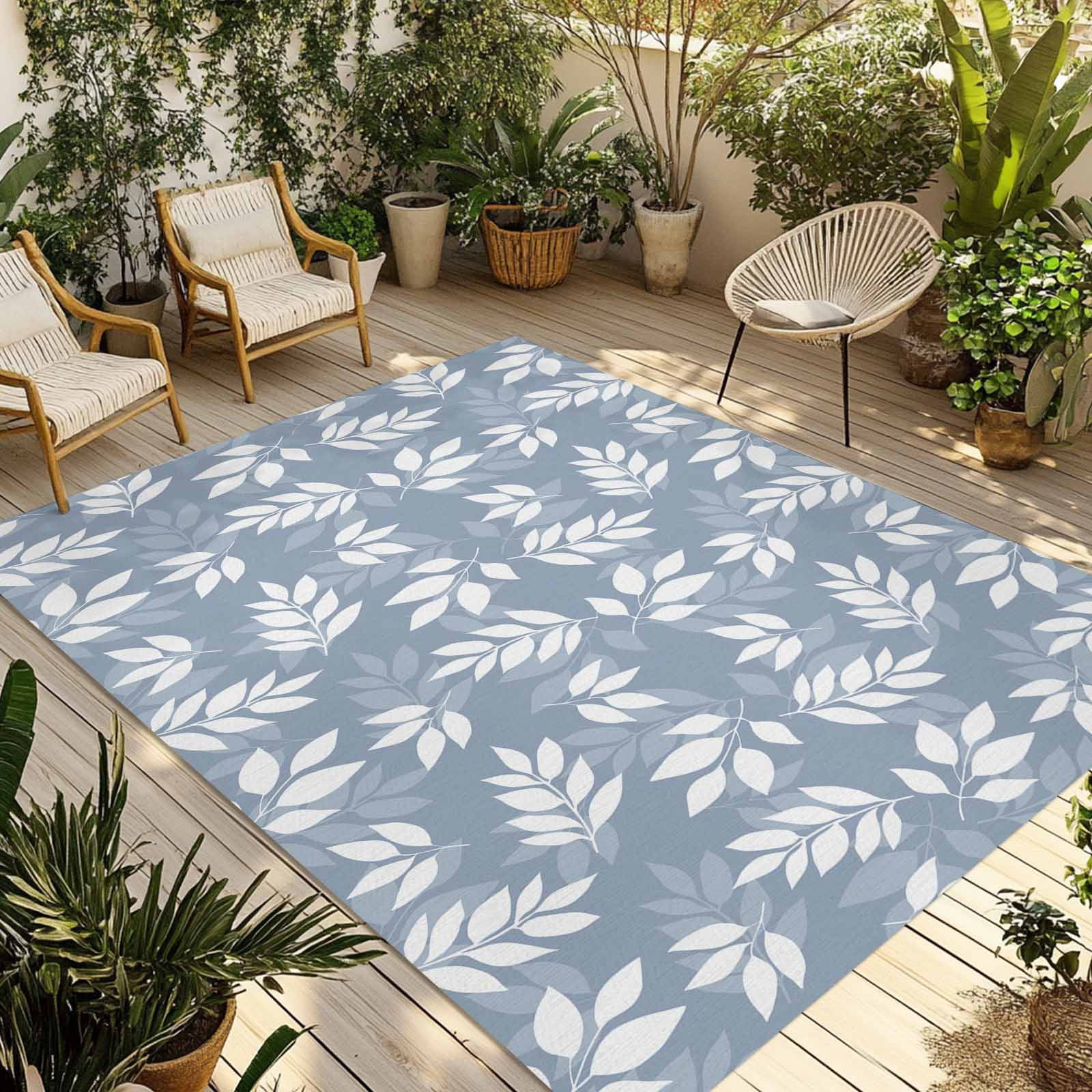 Country Leaves Outdoor Rug 4x6 Ft - Reversible Patio Rug Outdoor Camping Rugs, Blue Spring Pastoral Botanical Leaf Washable Indoor Outdoor Area Rugs, Non-Slip Outdoor Carpet Runner for Deck/Porch
