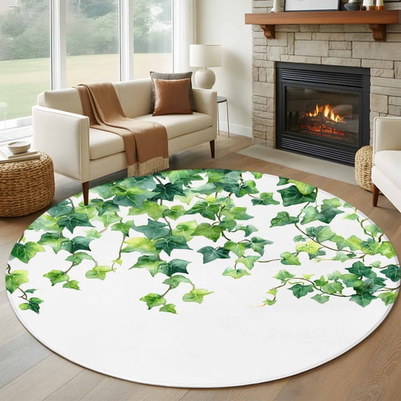 Country Leaves Round Area Rug 8Ft Washable Large Circle Rugs for Living Room Dorm, Watercolor Green Leaf Branches Vine Botanical Non-Slip Carpet Floor Mats Indoor Outdoor Carpet Runner Home Decor