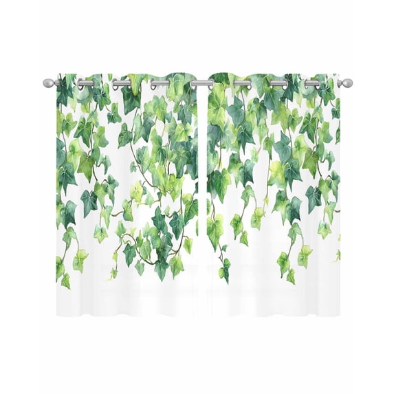 Country Leaves Sheer Curtains 54 Inch Length 2 Panels Set for Living Room/Bedroom, Watercolor Green Leaf Branches Vine Botanical Kitchen Curtains Grommet Curtains Window Treatments 42"x54"x2