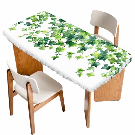 Country Leaves Table Cloths for 3 Foot Rectangle Tables, Watercolor Green Leaf Branches Vine Botanical Patio Waterproof Elastic Fitted Tablecloths, Washable Rectangular Table Cover for Camping