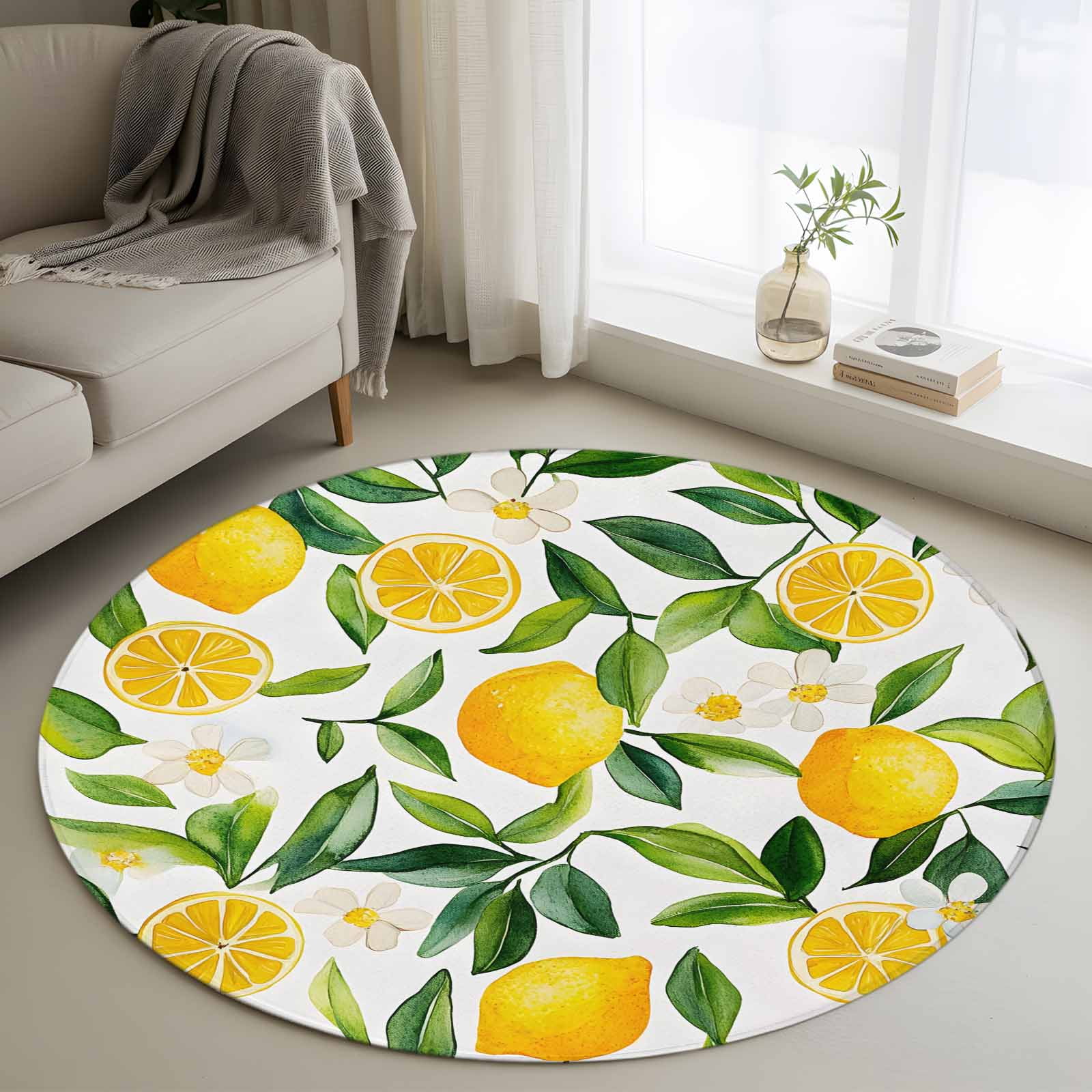 Country Lemon 3FT Round Area Rugs for Living Room Leaf Flowers ...