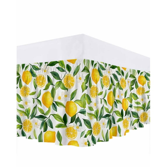 Country Lemon Bed Skirt King Size 16" Drop Leaf Flowers Watercolor Plants Farmhouse Ruffled Wrap Around Bed Skirts Adjustable Elastic Bedskirt Dust Ruffle for King Size Bed
