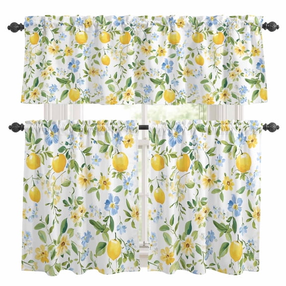 Country Lemon Kitchen Curtains Valances and Tiers Set of 3 with Green Leaf Blooming Floral Botanical Tier Curtains and Valance with Rod Pocket for Small Windows, 27.5"x36"