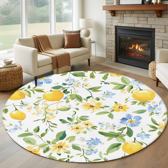 Country Lemon Round Rugs for Living Room 6ft with Green Leaf Blooming Floral Botanical Non Slip Circle Rug Washable Low-Profile Indoor Carpet for Bedroom, Dining Room, Bathroom