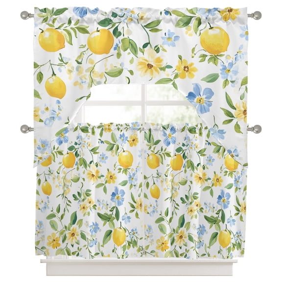 Country Lemon Swag Curtains Valance and Tier Set, with Green Leaf Blooming Floral Botanical Swag Curtains Drapes Rod Pocket for Kitchen Bathroom Small Window, 3 Pieces 56x36in+27.5x24*2
