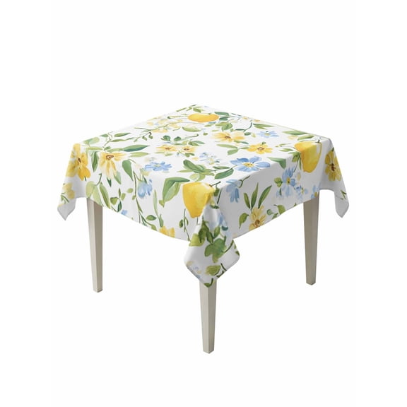 Country Lemon Table Cloth 54x54 Inch Square, with Green Leaf Blooming Floral Botanical Waterproof Tablecloth Washable Table Cover for Party Picnic Dinner Decor