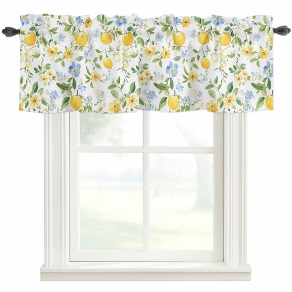 Country Lemon Valances for Windows with Green Leaf Blooming Floral Botanical Rod Pocket Curtain Valance Window Treatment Short Curtains for Kitchen Living Room, 60"x14"
