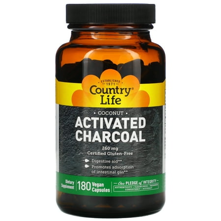 Country Life Activated Organic Coconut Charcoal Capsules, 260mg – Natural Charcoal Supplement for Gas and Bloating Relief, Gluten-Free, 180 Vegan Capsules