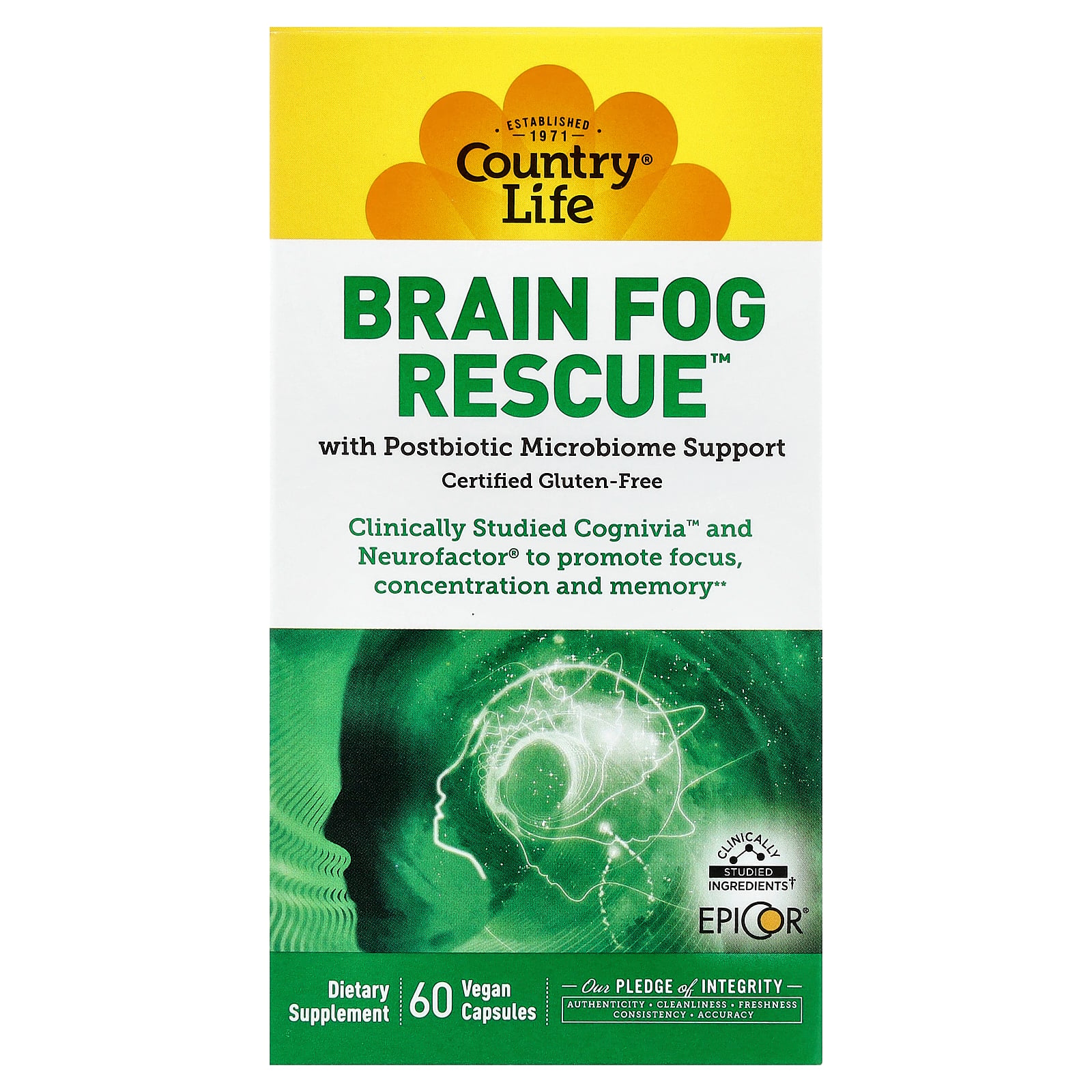 Country Life Brain Fog Rescue Cognitive Support, 60 Vegan Capsules | Clinically studied Cognivia and NeuroFactor with EpiCor postbiotic for focus, concentration, memory and gut support