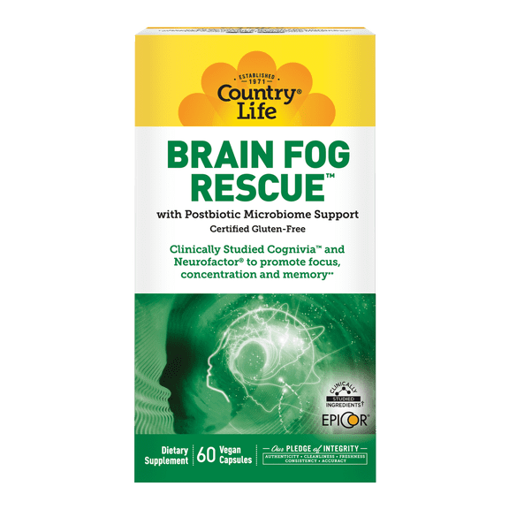 Country Life Brain Fog Rescue Cognitive Support, 60 Vegan Capsules | Clinically studied Cognivia and NeuroFactor with EpiCor postbiotic for focus, concentration, memory and gut support