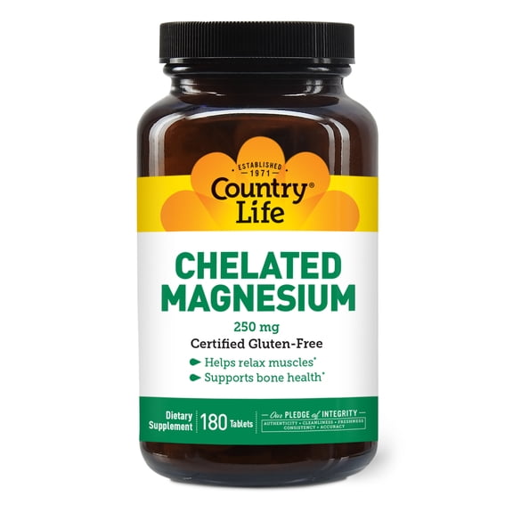 Country Life, Chelated Magnesium 250mg, Supports Bone and Immune Health, Daily Supplement, 180 ct