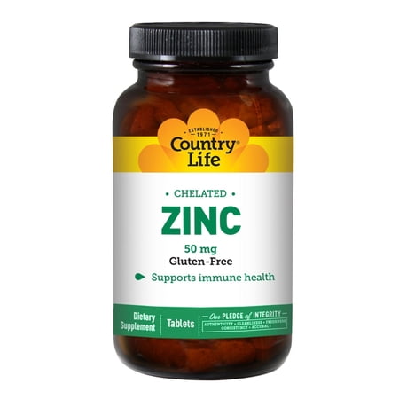 Country Life Chelated Zinc 50 mg - Certified Gluten-Free & Vegan Immune Support Supplement, Enhances Zinc Absorption, Supports Body’s Protein Production & Cellular Health, 100 Vegetarian Tablets