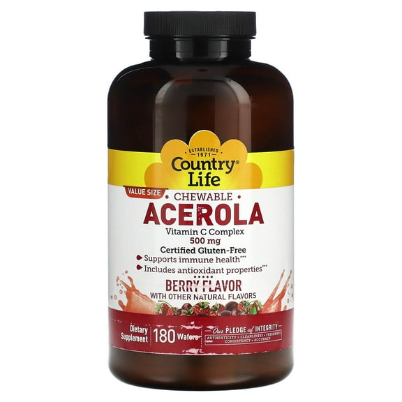 Country Life Chewable Acerola, Vitamin C Complex, Berry, 500 mg, 180 Wafers