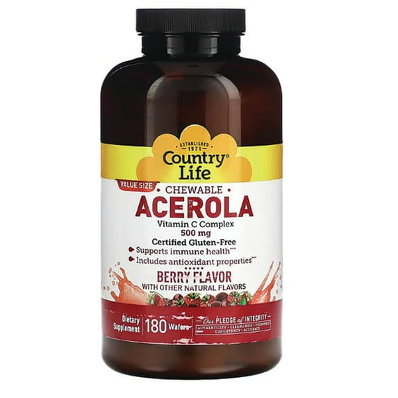 Country Life Chewable Acerola, Vitamin C Complex, Berry, 180 Wafers