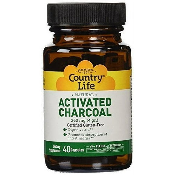 Country Life Activated Charcoal, Coconut, 40 Vegan Capsules (260 mg per Capsule)
