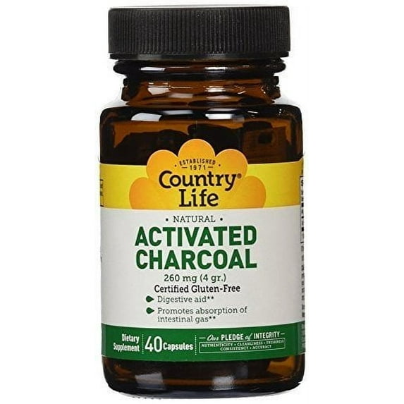 Country Life Activated Charcoal, Coconut, 40 Vegan Capsules (260 mg per Capsule)
