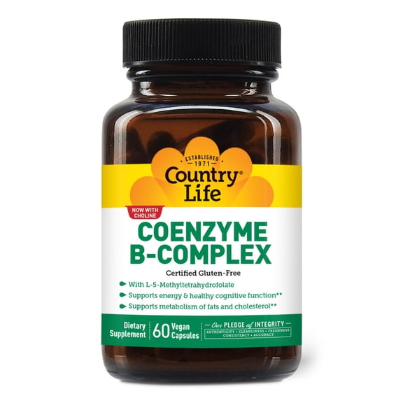 Country Life Coenzyme B-Complex, 60 Capsules  Supports Energy & Metabolism, Mood & Cognitive Function  Vegan, Gluten-Free, Bioavailable B Vitamins with Choline