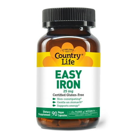 Country Life Easy Iron 25 mg | Gentle, Non-Constipating Iron Supplement | Supports Energy & Red Blood Cell Production | Certified Gluten-Free & Vegan | 90 Vegan Capsules