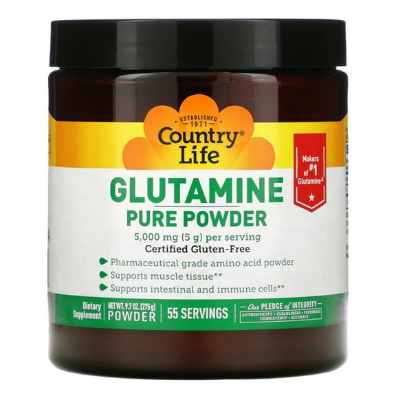 Country Life Glutamine Pure Powder, 5000mg, 9.7 oz Powder, Certified Gluten Free, Certified Vegan