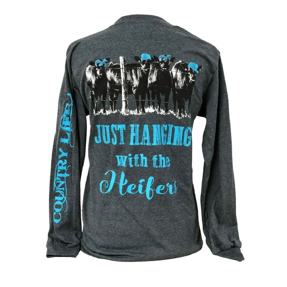 Country Life Hanging with The Heifers Heather Gray And Aqua Women's Long Sleeve Shirt