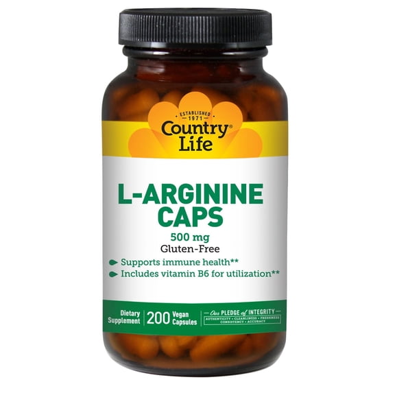 Country Life L-Arginine 500 mg with Vitamin B6, 200 Vegan Capsules, Supports immune health with free-form L-arginine, Certified Gluten-Free, Vegan and Kosher