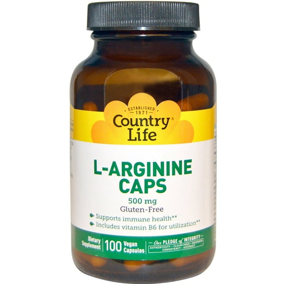 Country Life L-Arginine, 500mg, 100 Capsules, Certified Gluten Free, Certified Vegan