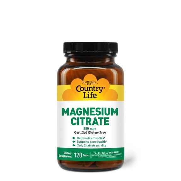 Country Life Magnesium Citrate 250mg - 120 Tablets - Supports Muscle & Nerve Function, Heart Rhythm, Healthy Immune System, Energy Production - Magnesium Complex Supplement