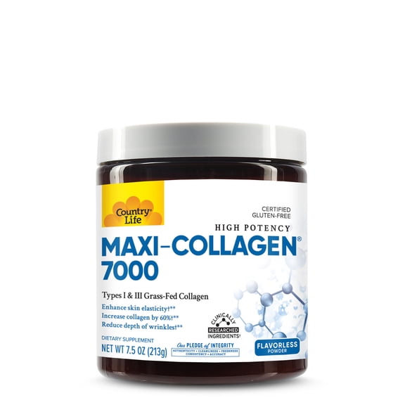 Country Life Maxi-Collagen 7000 Powder - Verisol Bioactive Collagen Peptides, Vitamin C, A & Biotin, 4,500 mg Types I & III Grass-Fed Collagen - Supports Skin, Hair, Nails & Joint Health, 7.5 oz